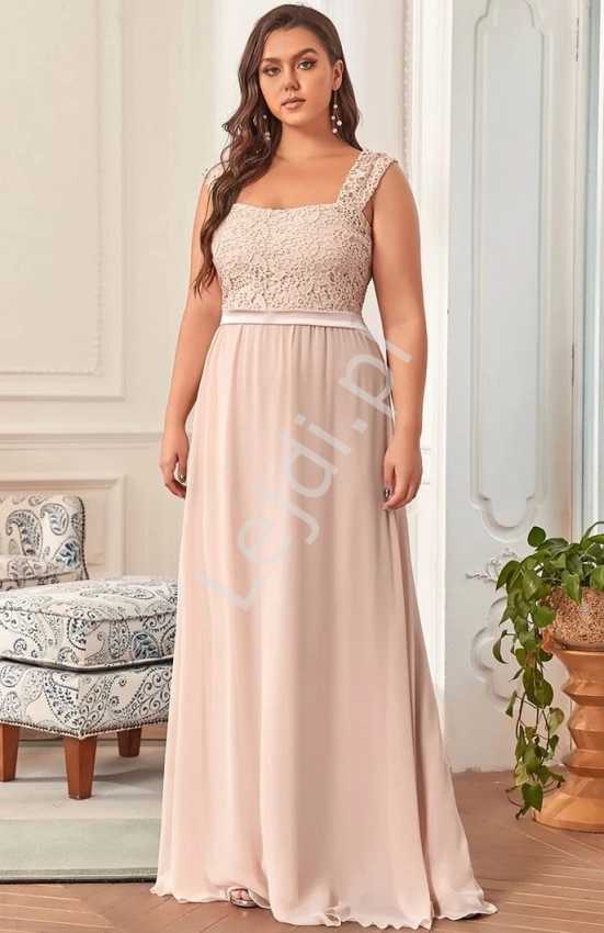 Sukienka z gipiurową koronką pastelowy róż  Plus Size 704