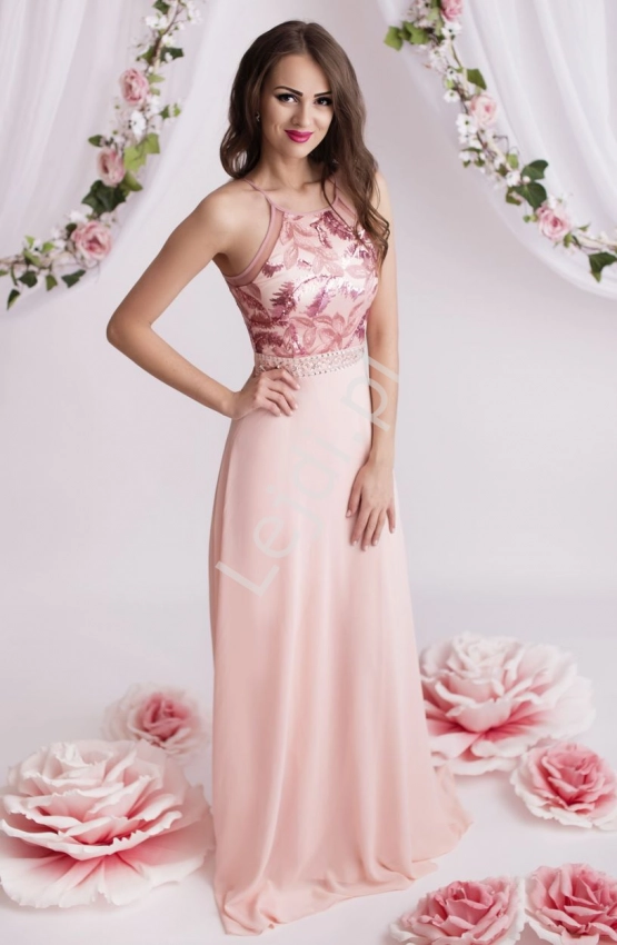 Suknia dla druhny, jasno różowa szyfonowa na cienkich ramiączkach, 2089