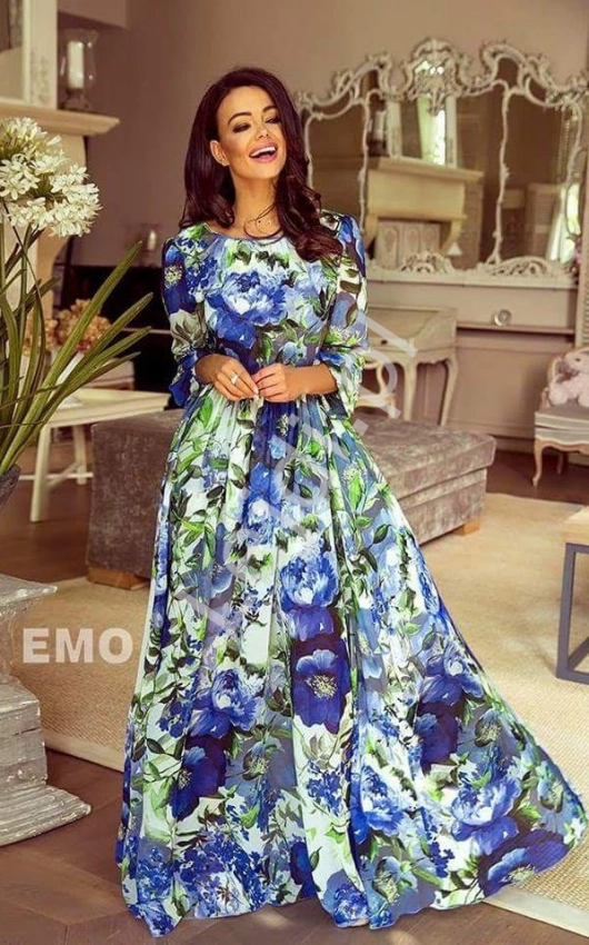 Suknia z długim rękawem w duże niebieskie kwiaty| zwiewne letnie kreacje Linda