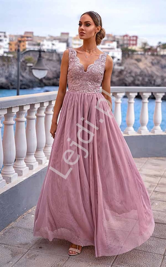 Suknia z tiulu i koronki Chiara EMO, pudrowy róż