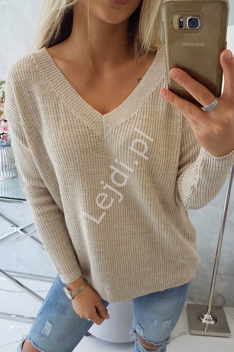 Sweter damski jasno beżowy, wełniany sweter z dekoltem w serek 2019-11 - Lejdi