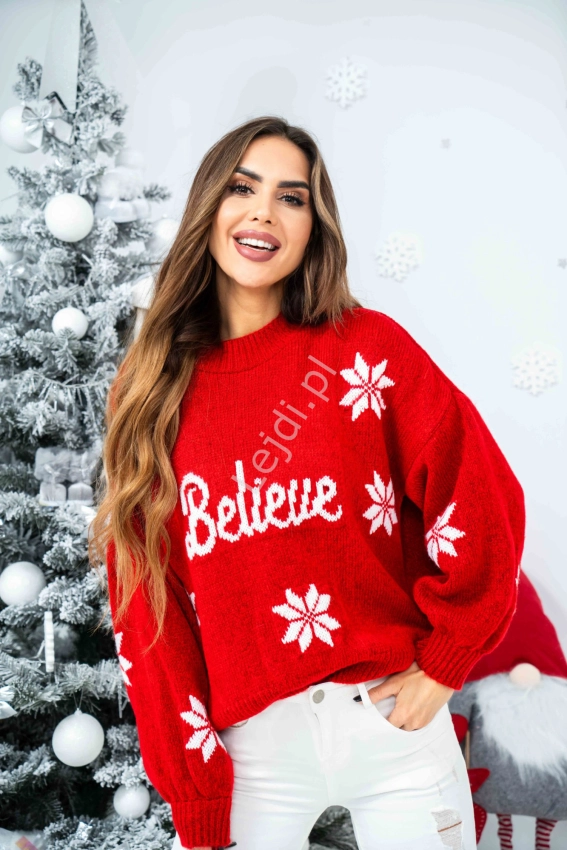 Sweter świateczny Believe beżowy z białymi śnieżkami 6216