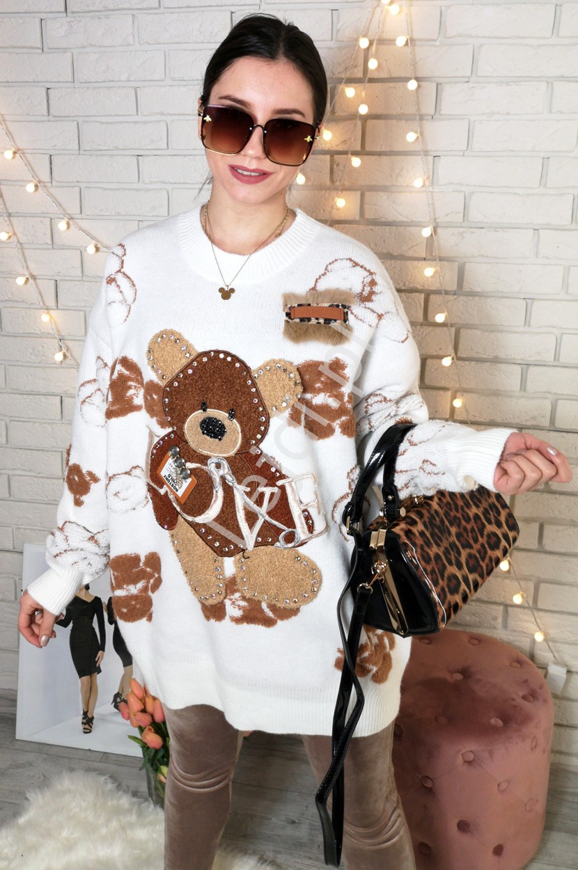 Sweter z futerkowymi misiami oraz kryształkami Premium LUXURY , biały