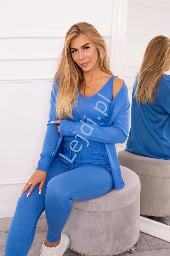 Sweterkowy niebieski 3 częściowy zestaw top,legginsy, kardigan 2021
