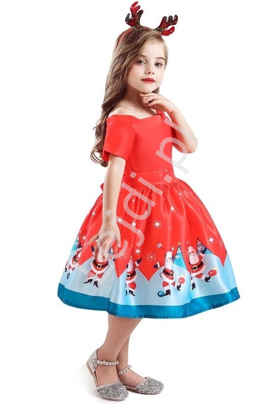 Świąteczna sukienka dla dziewczynki czerwona z Św. Mikołajami