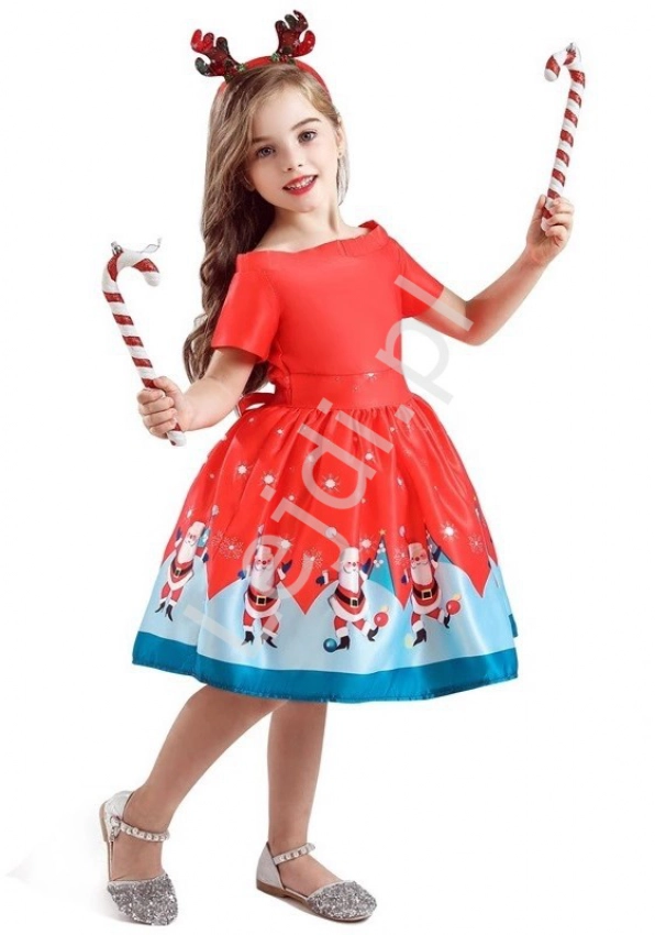 Świąteczna sukienka dla dziewczynki czerwona z Św. Mikołajami 40F