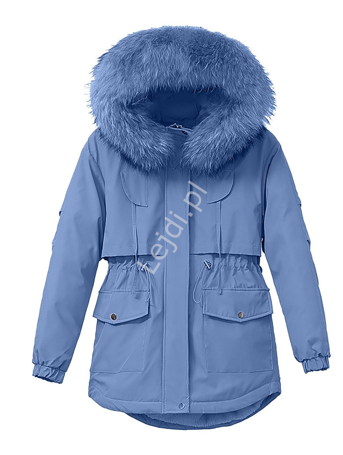Szaroniebieska kurtka zimowa z kapturem z futrem 9863 