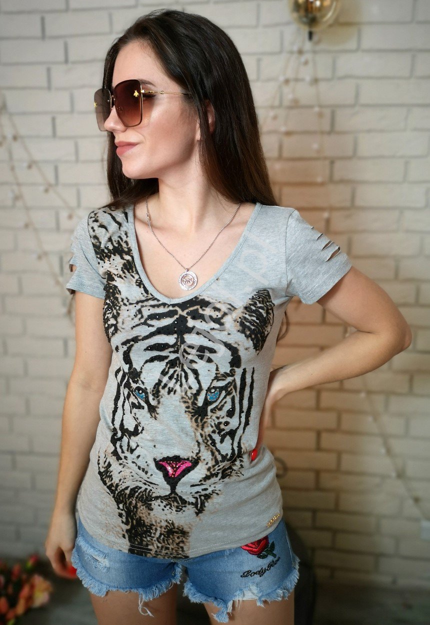 Szary T-shirt z tygrysem - Lejdi