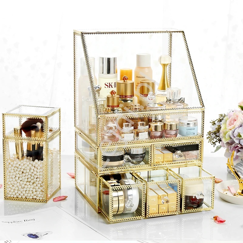 Szklany organizer na szminki, kosmetyki, biżuterię - dwie szufladki