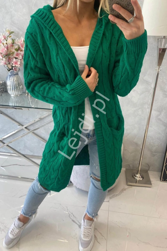 Szmaragdowo zielony sweter damski z kapturem i kieszeniami 2019-24