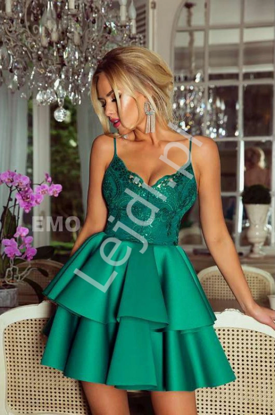 Szmaragdowo zielona krótka sukienka z piankową spódnicą -  Leila
