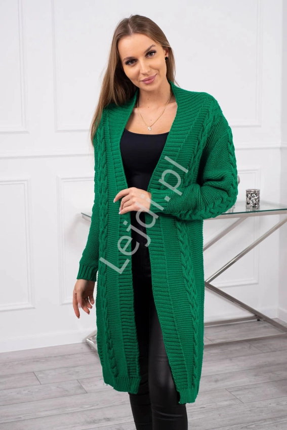 Szmaragdowo zielona narzutka swetrowa z warkoczami, wełniany kardigan 2019-01