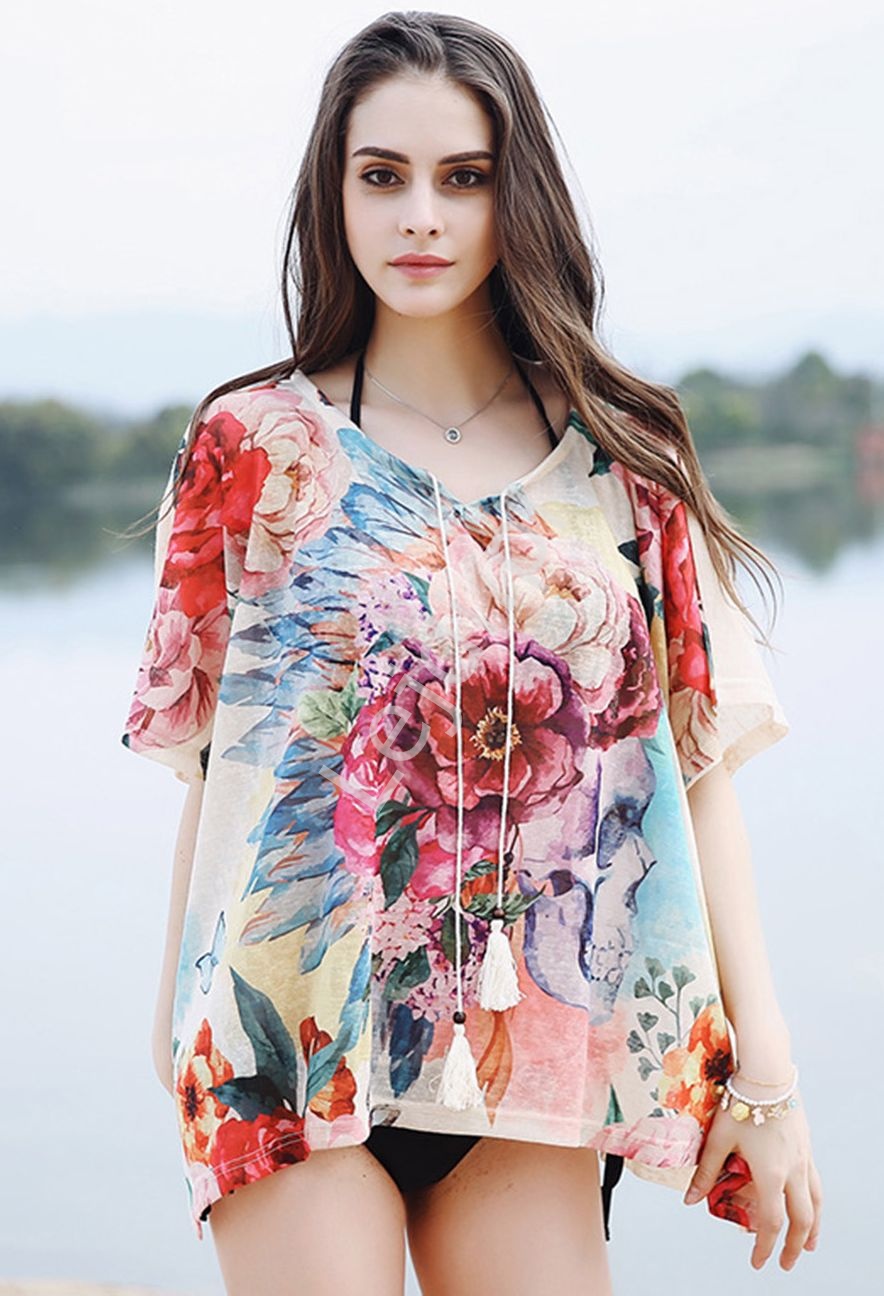 Szyfonowa kwiatowa narzutka, kimono, bluzka