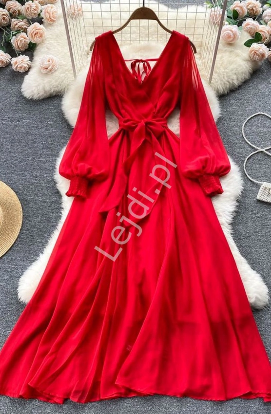 Szyfonowa sukienka czerwona z rozkloszowanym spódnicą 6737 