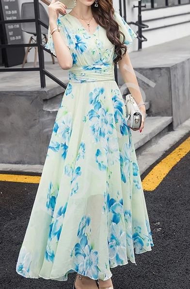 Szyfonowa sukienka w kwiaty pastelowa limonka 9641 - Lejdi