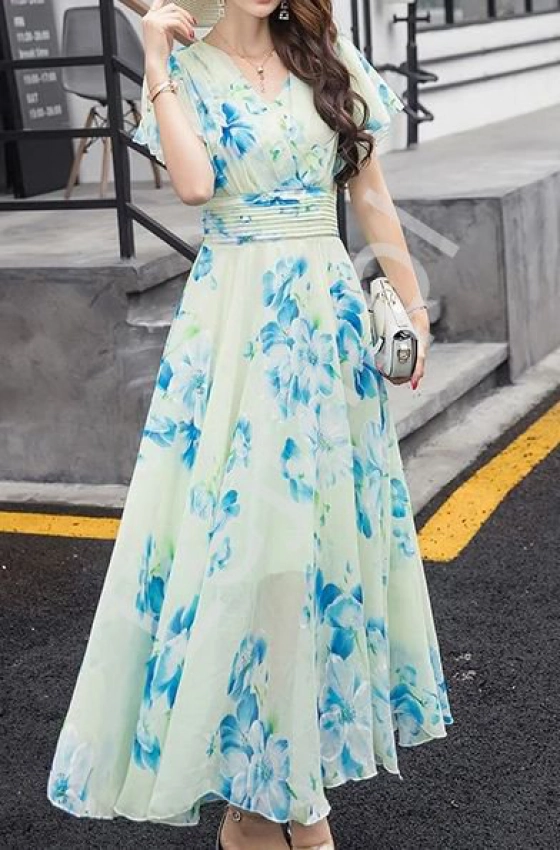 Szyfonowa sukienka w kwiaty pastelowa limonka 9641