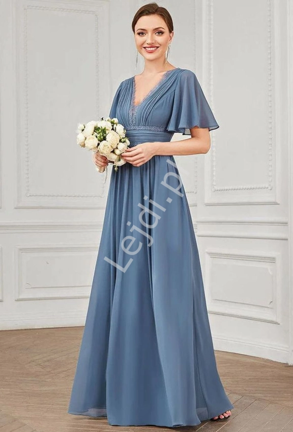 Szyfonowa sukienka wieczorowa z koronkowym zdobieniem w kolorze niebieski jeans 1511