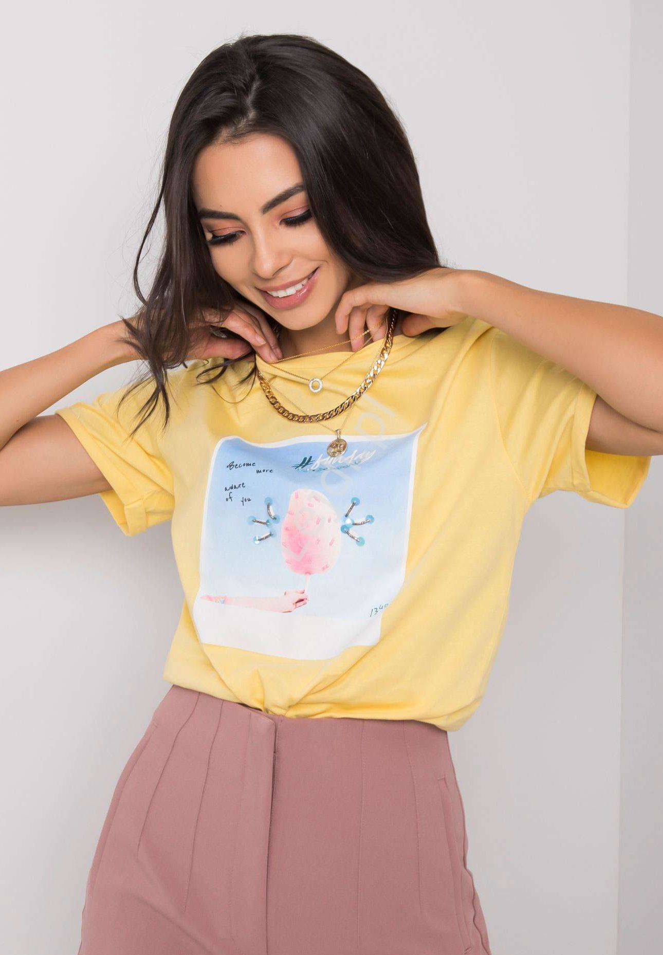 T-shirt bawełniany wata cukrowa z cekinami i koralikami żółty