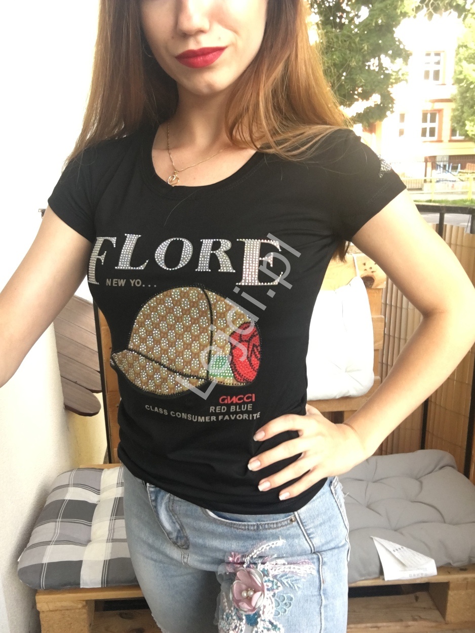 T-shirt czapka z kwiatkiem i cyrkoniami Flore czarny