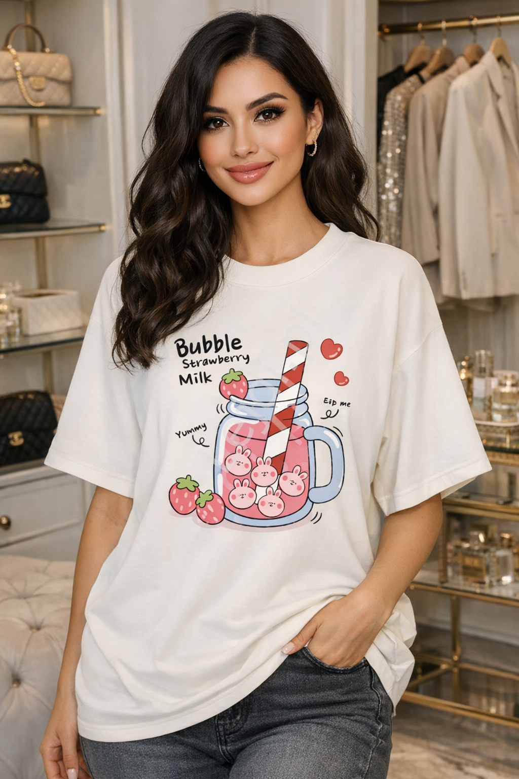 T-shirt damski Bubble strawberry milk shake biały