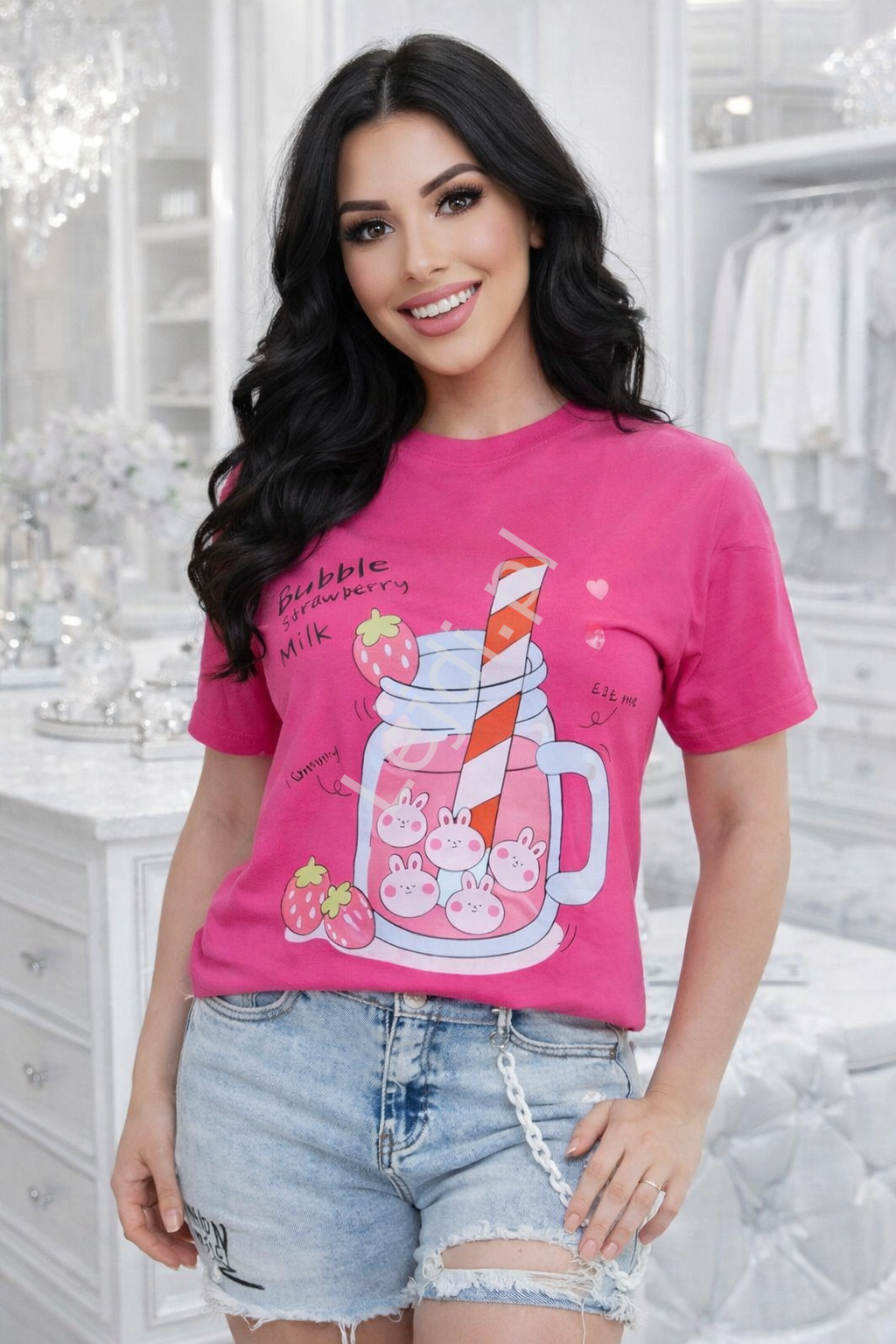 T-shirt damski Bubble strawberry milk shake fuksja