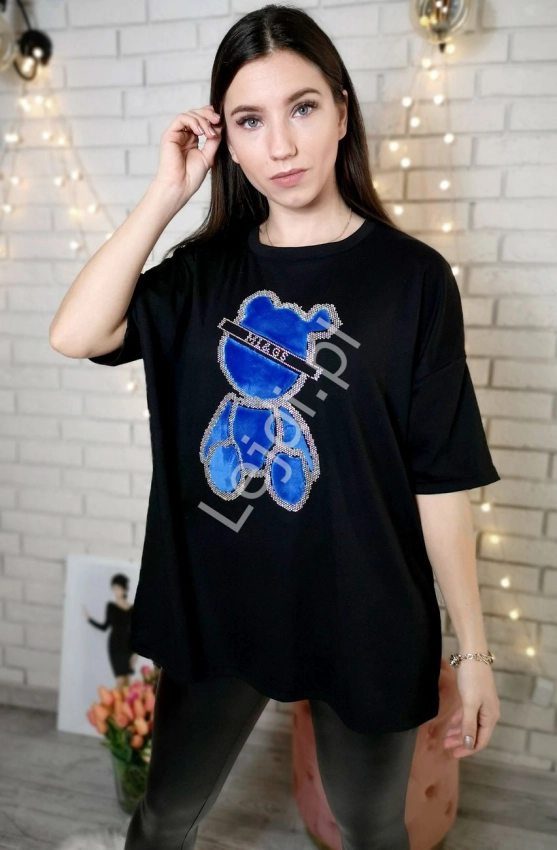 T-shirt damski z futerkowym niebieskim misiem i kryształkami, czarna