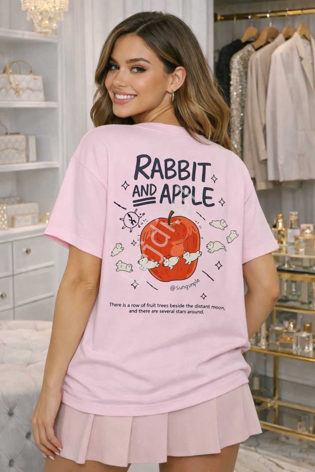 T-shirt damski z jabłuszkami i króliczkami jasny róż