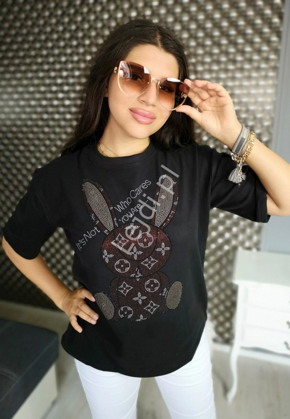 T-shirt Who Cares z kryształkowym królikiem czarny