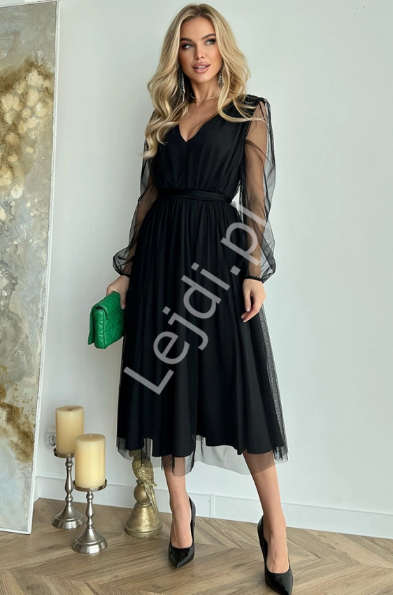 Tiulowa czarna sukienka midi z długim rękawkiem na wesele, studniówkę HB269