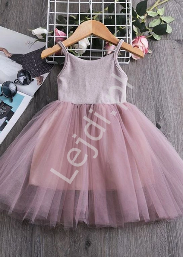 Tiulowa pudrowo różowa sukienka z elastyczną górą  na codzień, na zajęcia taneczne 131