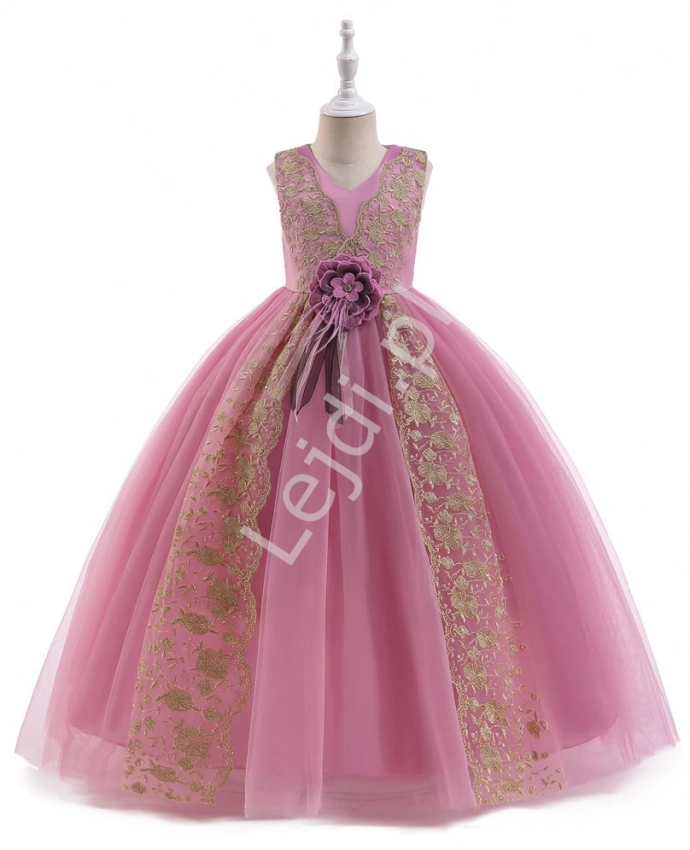 Tiulowa pustynno różowa długa suknia dla dziewczynki ze złotymi haftami 283