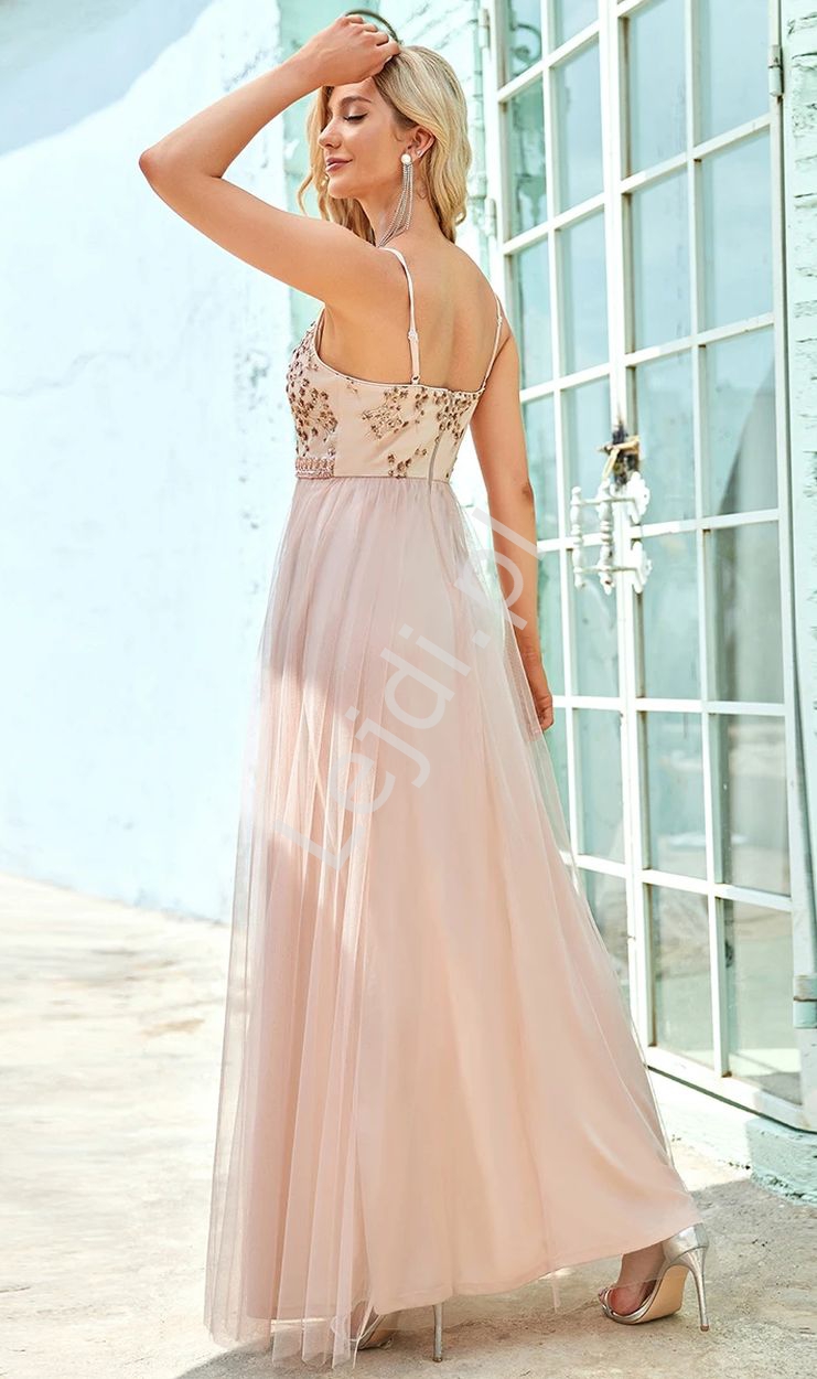 Tiulowa sukienka wieczorowa z cekinową górą, brzoskwiniowa suknia na sylwestra, wesele, studniówkę