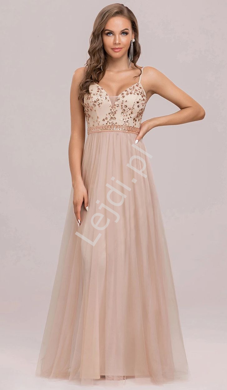 Tiulowa sukienka wieczorowa z cekinową górą, brzoskwiniowa suknia na sylwestra, wesele, studniówkę
