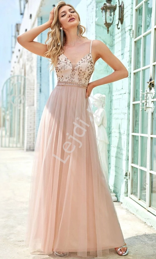 Tiulowa sukienka wieczorowa z cekinową górą, brzoskwiniowa suknia na sylwestra, wesele, studniówkę 0062