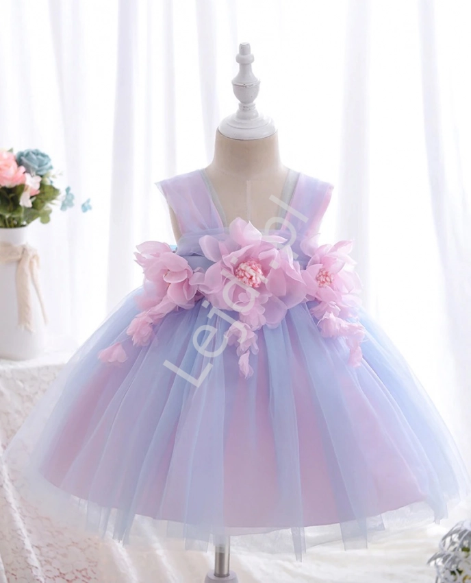 Tiulowa sukienka z paskiem z kwiatami na roczek, wesele, urodziny 001