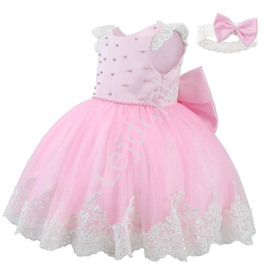 Tiulowa sukienka z perełkami na roczek, na wesele dla dziewczynki  + opaska 0708