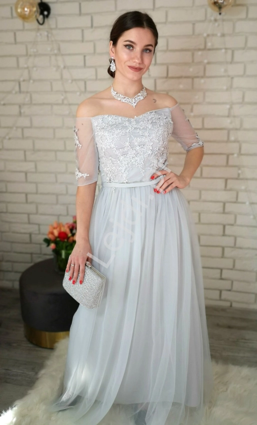 Tiulowa szara sukienka wieczorowa na wesele, na studniówkę nr7