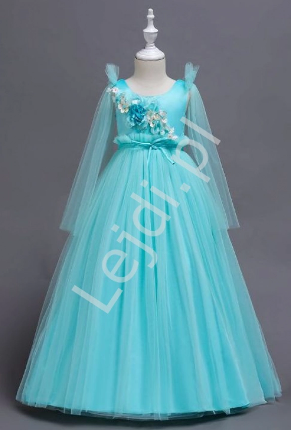 Tiulowa turkusowa długa sukienka dla dziewczynki 152