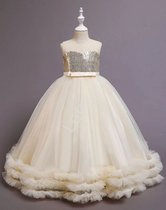 Waniliowa suknia dziecięca na wesele, dla małej druhny, balowa suknia dla dziewczynki 8001