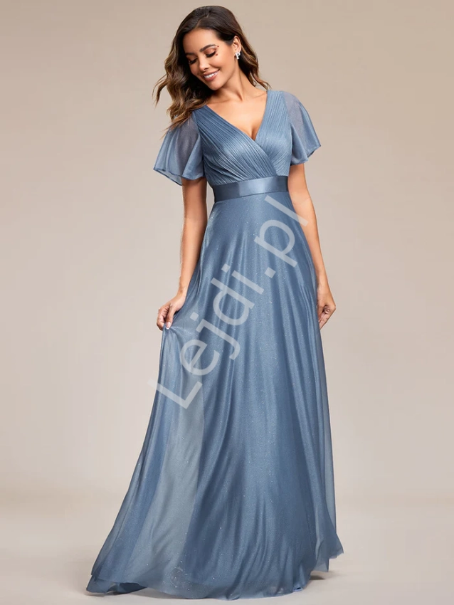Wieczorowa jeansowo niebieska sukienka na wesele z połyskującej tkaniny 0159