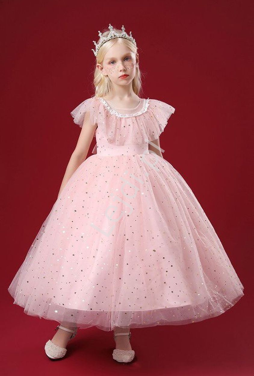 Wieczorowa sukienka dla dziewczynki w jasno różowym kolorze z gwiazdkami 2275