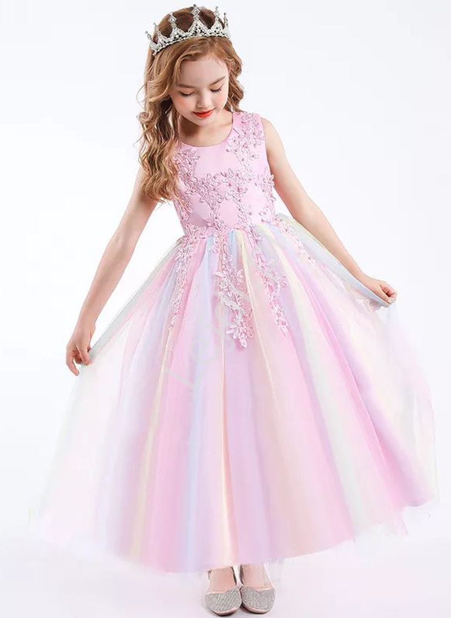 Wieczorowa sukienka dla dziewczynki z opalizującą różową spódnicą