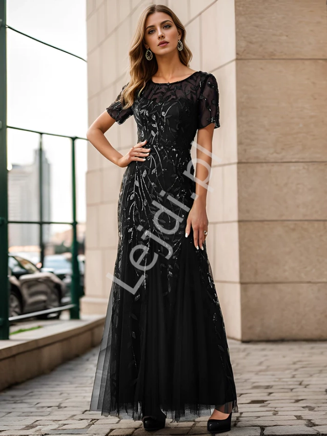Wieczorowa sukienka na wesele, bal, czarna z listkami z cekinami 7707