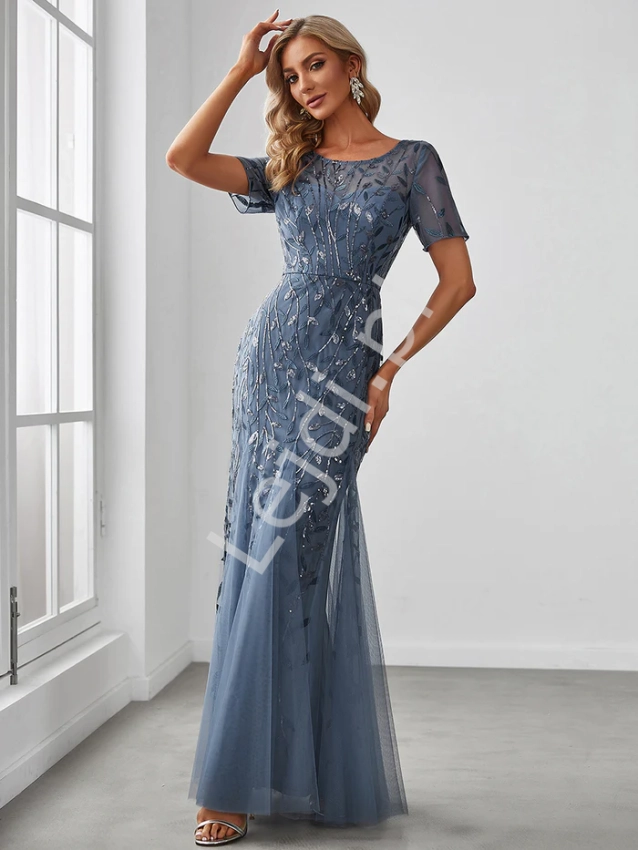 Wieczorowa sukienka na wesele, bal,  jeansowy niebieski z haftowanymi listkami z cekinami 7708