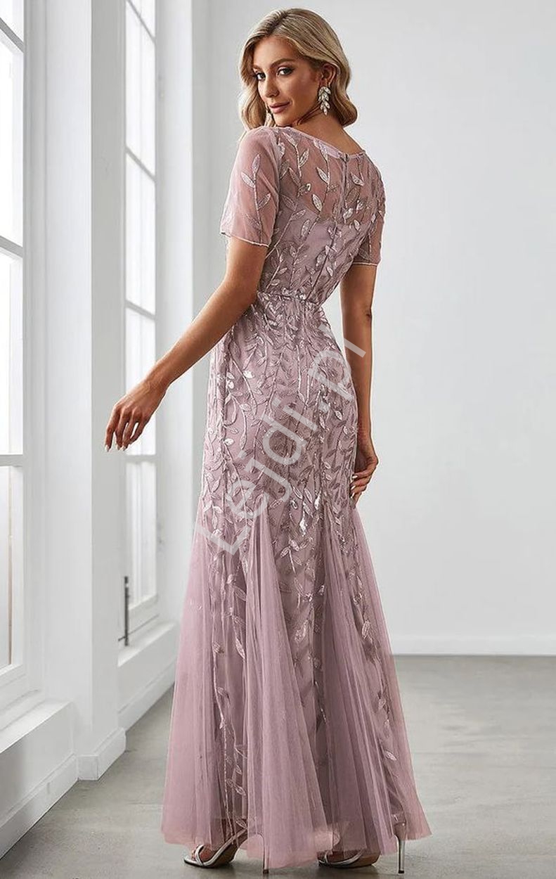 Wieczorowa sukienka na wesele, bal, w kolorze lila z haftowanymi listkami z cekinami