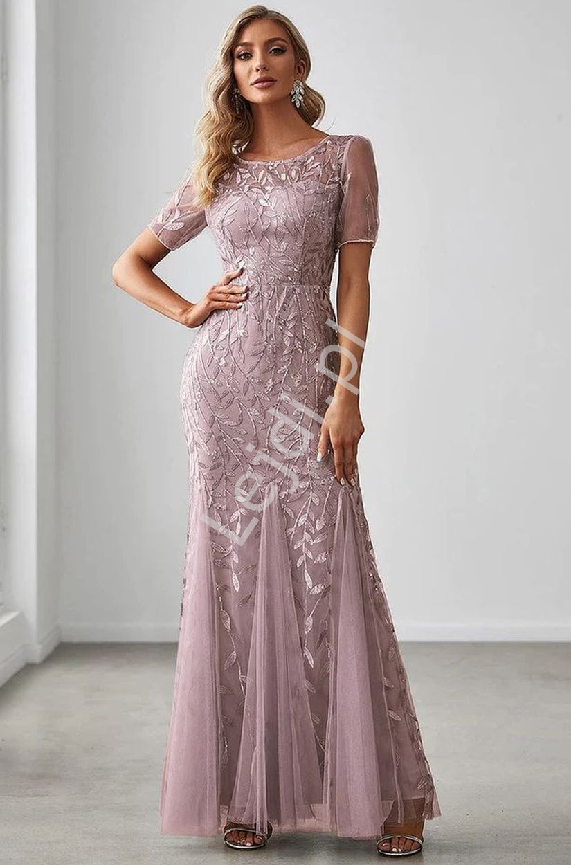 Wieczorowa sukienka na wesele, bal, w kolorze lila z haftowanymi listkami z cekinami