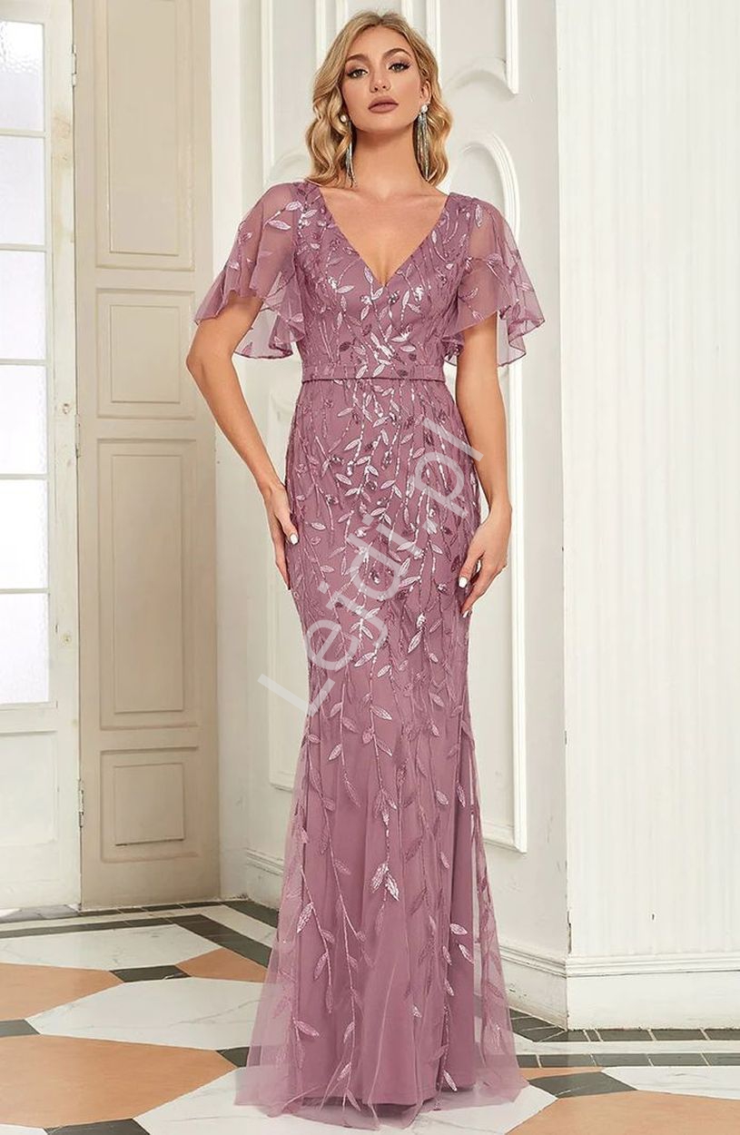 Wieczorowa sukienka na wesele, na bal, bogate zdobienie haftowanymi cekinowymi listkami, orchidea
