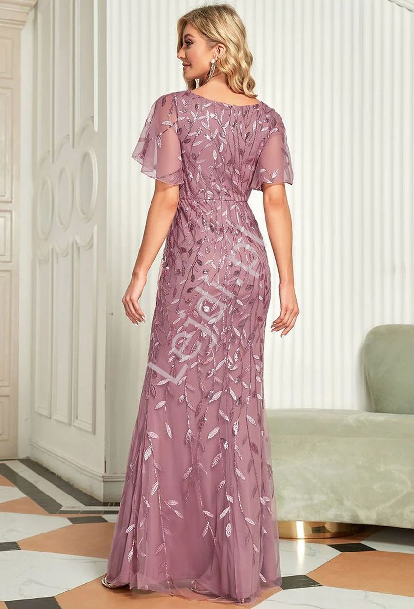 Wieczorowa sukienka na wesele, na bal, bogate zdobienie haftowanymi cekinowymi listkami, orchidea