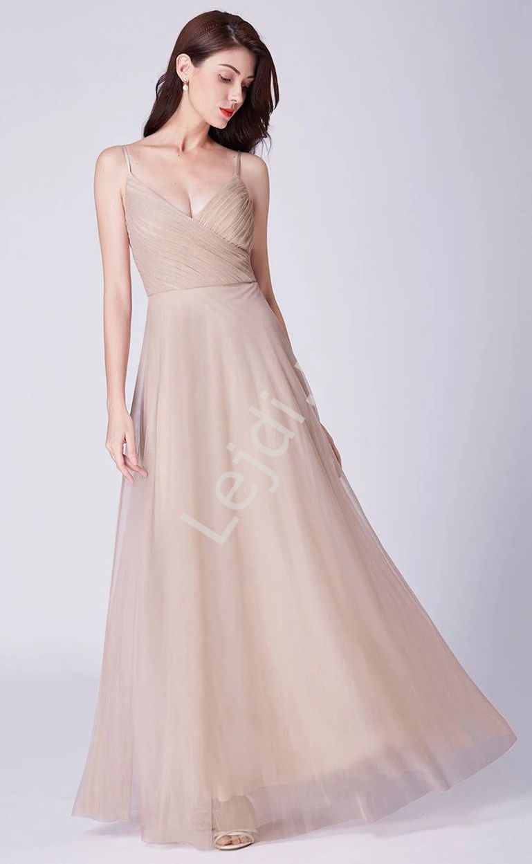 Wieczorowa sukienka na wesele, sukienka na studniówkę, tiulowa suknia w kolorze brzoskwiniowym