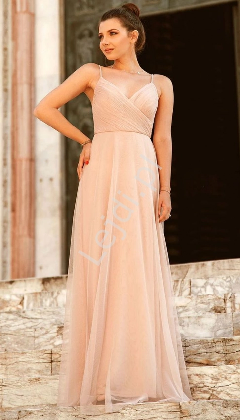 Wieczorowa sukienka na wesele, sukienka na studniówkę, tiulowa suknia w kolorze brzoskwiniowym 7369